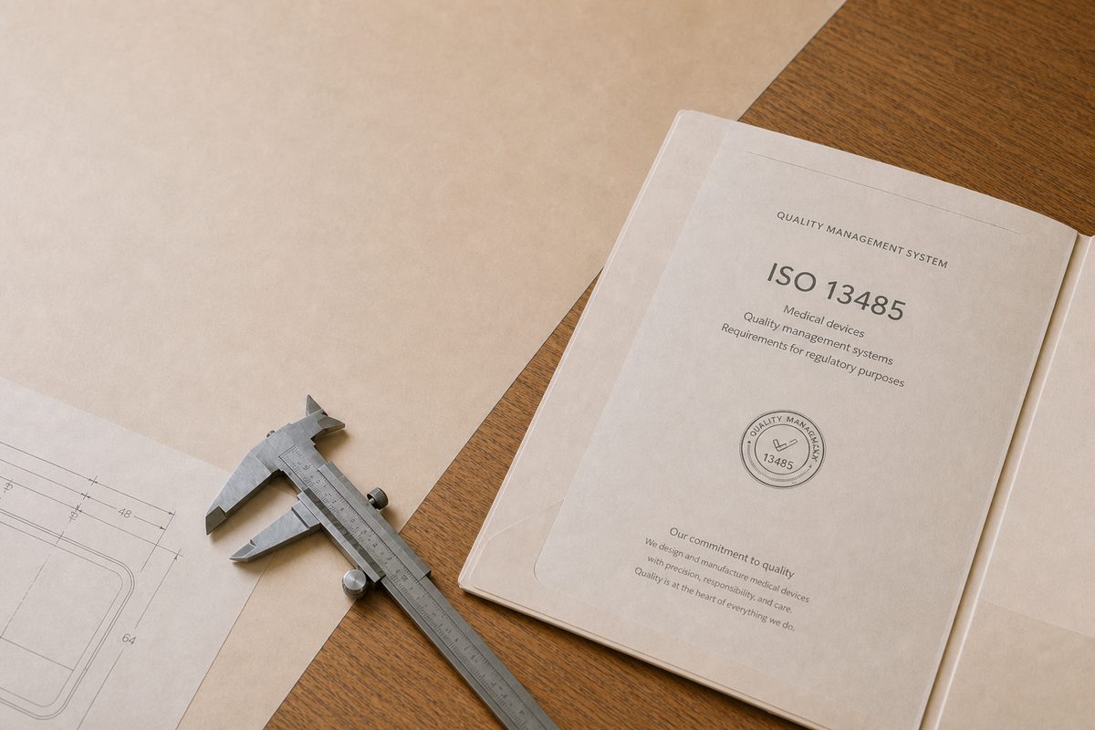 Сертифікат ISO 13485 і креслення на столі виробника